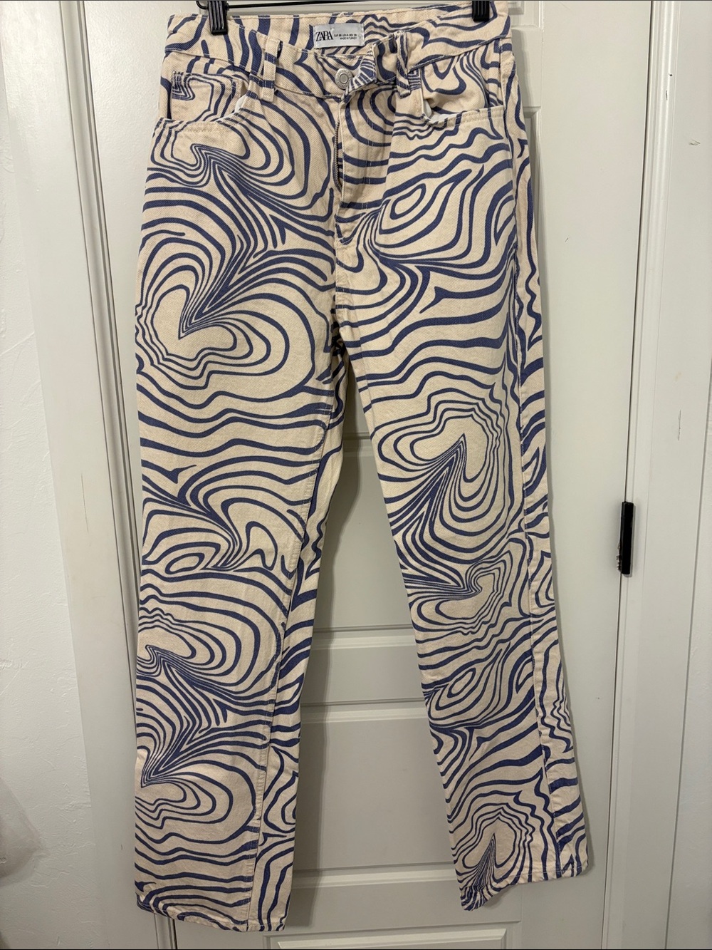 Zara Cream & Navy Swirl Print Pants